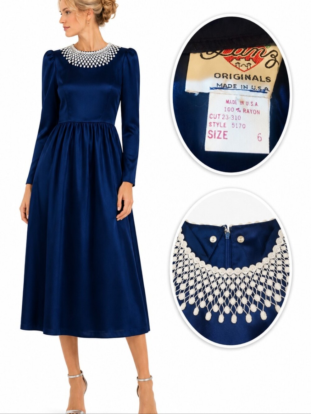 Vtg Lanz Blue Velvet Long Column Midi Dress Removable White Crochet Collar Sz XS